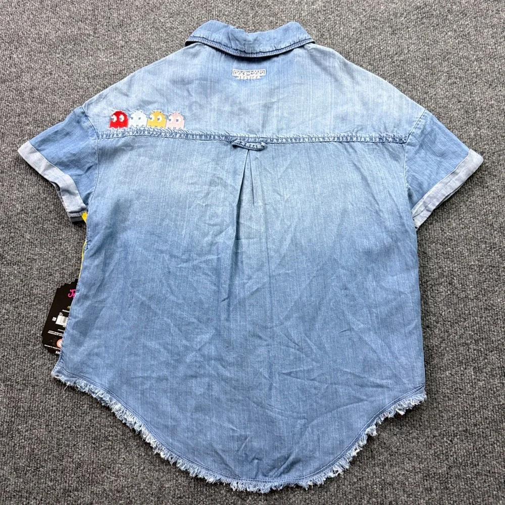 Justice Pac-Man Denim Shirt Girls Large 12/14 Embroidered Raw Hem Gamer Chambray